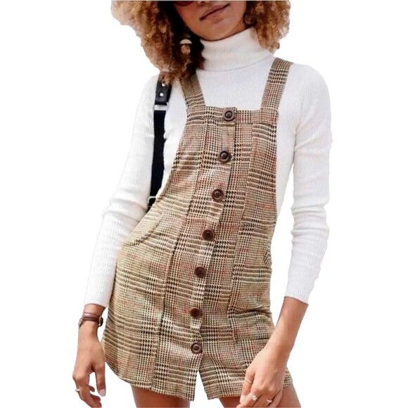Urban Outfitters Joey Plaid Buttoned Black Red Yellow Mini Pinafore Dress Sz XS - Picture 1 of 11